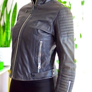 G-Star High Collar Medium Weight Leather Biker Jacket